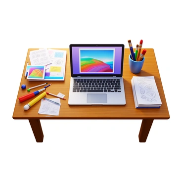 A wooden table covered with various art supplies such as paintbrushes, tubes of paint, colored pencils, and sketchbooks. A closed laptop is positioned prominently on the table, displaying a vibrant digital illustration on its screen. The scene includes scattered sheets of paper with sketches and ideas, and a cup filled with paintbrushes next to the laptop. Natural light illuminates the workspace, highlighting the textures of the art materials.