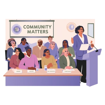 A city council candidate standing at a podium in a local government meeting. The candidate is a middle-aged woman with medium skin and curly black hair, wearing a blue blazer and a white blouse. She is holding a stack of papers in one hand and gesturing with the other as she speaks. A diverse audience of seated individuals is visible, with some taking notes and others listening attentively. A large banner with the words "Community Matters" hangs in the background, along with a city seal emblem on the wall. A table in front of the audience has name placards and a glass of water. The room is bright with natural light coming from windows on the side.