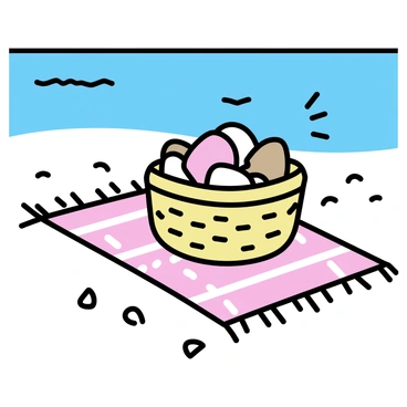 A woven basket filled with an assortment of conch shells is placed on a beach picnic blanket. The picnic blanket features a checkered pattern in red and white. The conch shells vary in size and color, showcasing shades of pink, cream, and brown. The beach scene includes light-colored sand surrounding the blanket, with small fragments of seashells scattered nearby. The background captures the gentle waves of the ocean and a clear blue sky.