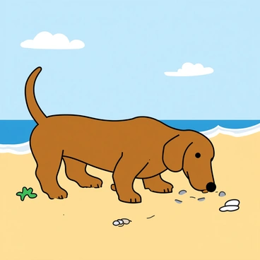 A playful dackel, or dachshund, with a smooth brown coat and floppy ears is energetically digging in the warm golden sand. The dog's body is low to the ground, with its tail wagging happily as it buries its snout into the sand. The bright sun shines overhead, casting soft shadows and illuminating the beach scene. Around the dackel, there are a few scattered seashells and bits of seaweed, adding color to the sandy surface. In the background, gentle waves are lapping at the shore, and there are a few fluffy white clouds in the blue sky.