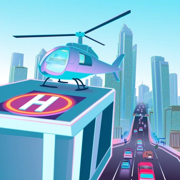 A sleek helicopter with a shiny metallic surface descends towards a rooftop helipad. The helipad is marked with large, bold white letters "H" against a bright yellow circle. Below, the city skyline is filled with a variety of tall buildings, some with glass facades reflecting the sunlight. Pedestrians can be seen on the streets, and cars are moving along the busy roads. The atmosphere is bustling, with a vibrant urban energy. In the background, a clear blue sky completes the scene.