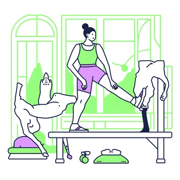 A Victorian-era gymnast is performing leg extensions in a classic gym setting. The gymnast is wearing a period-appropriate outfit, which includes a fitted top and knee-length shorts. The individual has a focused expression while balancing on a wooden exercise bench. Surrounding them are various gym equipment typical of the era, such as a wooden vaulting horse and a set of leather dumbbells resting on the floor. In the background, there are large windows allowing natural light to flood the room, illuminating the wooden flooring and the detailed architecture of the gym.