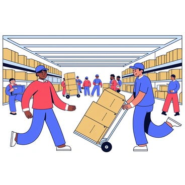Warehouse workers pushing a dolly loaded with boxes across a busy floor.