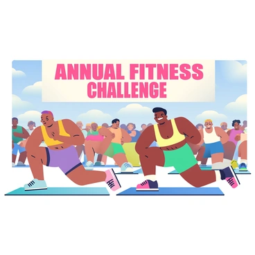 A group of athletes with diverse appearances is engaged in a competitive event, performing lunges in a coordinated manner. The athletes are wearing colorful athletic gear, including shorts and tank tops. Above them is a large banner that reads "Annual Fitness Challenge" in bold letters. The athletes are focusing intently on their form, with some displaying determination on their faces. There are exercise mats laid out on the ground, and a crowd of spectators can be seen in the background, watching the event with enthusiasm. The sky above is clear and bright, adding to the lively atmosphere of the competition.