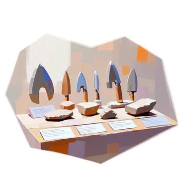 A display featuring a variety of stone tools and weapons uncovered from an archaeological site. The arrangement includes several hand axes, scrapers, and spearheads made from flint and other types of stone. The tools are placed on a wooden surface to emphasize their raw texture and form. Surrounding the tools, small labels provide descriptions of each item. The background features a subtle hint of earth tones to reflect the archaeological context, suggesting their origin from ancient human activity.