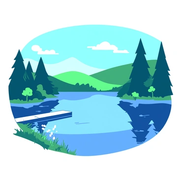 A blue lake reflects a green landscape surrounded by tall trees. The water is calm and smooth, creating a mirror-like surface that captures the vibrant colors of the sky and trees. In the distance, there are rolling hills under a clear blue sky. A few soft white clouds drift lazily overhead. Along the shore of the lake, there are patches of green grass and wildflowers gently swaying in the breeze. A single wooden dock extends into the lake, inviting contemplation and stillness.