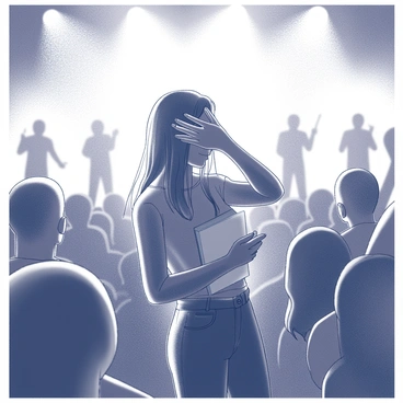 A person stands amidst a crowd at a live concert. They hold a notebook with one hand, jotting down notes, while the other hand is raised, partially covering their face, showing their enjoyment of the music. The individual has long hair and is wearing casual concert attire. In the background, bright stage lights illuminate the performers. The atmosphere is filled with energy, and the audience can be seen swaying to the rhythm of the music.