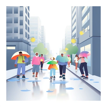 A rainy city street is depicted with tall buildings lining both sides, their windows reflecting the overcast sky. The ground is wet, with puddles collecting, mirroring the gray tones of the scene. People are walking along the sidewalk, each holding an umbrella in various sizes and shapes. Some umbrellas are closed, while others are open, showcasing diverse patterns. Raindrops are visibly falling, creating ripples in the puddles below. Streetlights cast a soft glow, illuminating parts of the scene with a warm light against the monochrome backdrop.