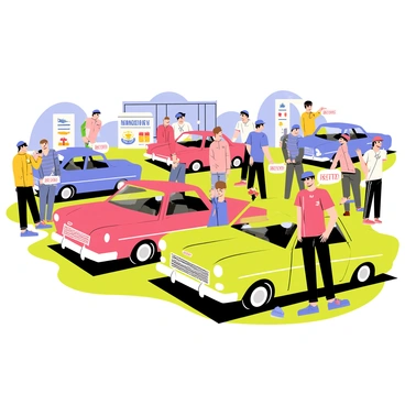 A vibrant scene at a classic car show featuring several vintage cars in various colors and styles prominently displayed on a grassy area. Enthusiasts are gathered, some are exchanging shiny chrome parts, while others are inspecting the vehicles with admiration. The individuals are dressed casually, with some wearing caps and sunglasses, showcasing their passion for classic automobiles. Stalls with signs advertising vintage parts are set up in the background, and a clear blue sky overhead adds to the cheerful atmosphere.