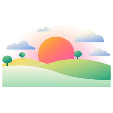 A landscape with rolling hills is depicted in the foreground, showcasing smooth, undulating forms in varying shades of green and yellow. The hills stretch across the image, creating a sense of depth and movement. In the background, a large, vibrant sunset fills the sky with a gradient of orange, pink, and purple hues. Fluffy clouds are scattered throughout the sky, catching the warm colors of the setting sun. A few silhouetted trees are placed along the gentle slopes of the hills, providing contrast against the colorful sky. The overall scene evokes a peaceful and harmonious atmosphere.