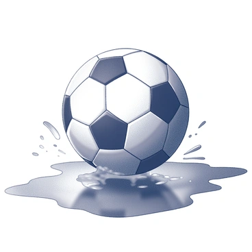 A soccer ball rolling through a puddle, kicking up water