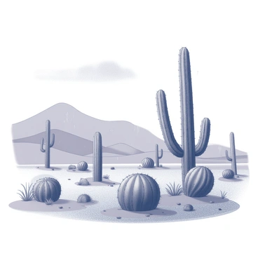 A desert landscape featuring multiple cacti of varying shapes and sizes. The cacti are tall and slender with spines clearly visible. Light rain falls gently from the sky, creating small droplets that can be seen on the surfaces of the cacti. The background includes rolling sand dunes, adding to the arid atmosphere. The ground is mostly dry with a few patches of sparse vegetation scattered throughout the scene. A cloudy sky hints at the source of the rain.