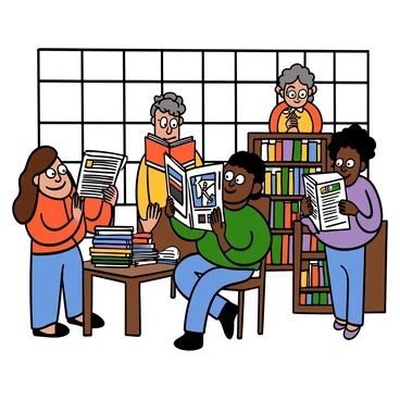 A diverse group of people inside a public library, engaged in searching through various books and newspapers. In the foreground, a light-skinned woman with big eyes and long brown hair is standing at a wooden table, flipping through a thick book about communism. Beside her, a dark-skinned man with big eyes and short hair is sitting on a chair, focused on reading a newspaper. In the background, a Hispanic teenager with big eyes and curly hair is browsing through bookshelves filled with colorful books, while an elderly Asian woman with big eyes is examining a magazine on a nearby shelf. The library has large windows allowing natural light to illuminate the space, and books are stacked neatly on the tables and shelves.