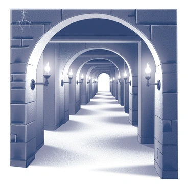 A castle corridor stretches into the distance, lined with stone walls that display a rough texture. Flickering torches are mounted at intervals along the walls, their flames dancing and producing a warm glow. Shadows extend across the floor, creating an interplay of light and dark. The ceiling is arched and supported by heavy stone beams, and cobwebs cling to the corners, adding to the atmosphere of age and mystery. The corridor appears empty, with an air of anticipation lingering in the cool air.