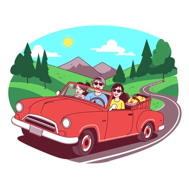 A vintage car in a vibrant red color is driving along a winding road surrounded by lush green trees and rolling hills. Inside the car, a happy family of four is visible; a mother with brown hair wearing sunglasses, a father with a wide smile, a young girl with pigtails enjoying the breeze, and a teenage boy with a baseball cap. The sun is shining brightly in the blue sky, illuminating the car as it travels. Scenic mountains are visible in the distance, and fluffy white clouds dot the sky. A picnic basket is secured in the backseat, hinting at a fun outing ahead.