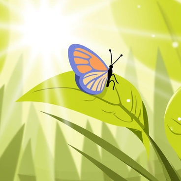 A colorful butterfly with vibrant blue and orange wings is emerging from a green chrysalis, which is attached to a leaf. The leaf is bright green and has droplets of morning dew sparkling on its surface. Sunlight filters through the trees, casting a warm glow on the scene, accentuating the intricate patterns on the butterfly's wings. The background is filled with soft, blurred greenery, creating a tranquil atmosphere around the moment of transformation.