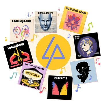 An illustration depicting a vibrant collage of influential artists and albums that shaped Linkin Park's sound. At the center, there is a large image of Linkin Park's logo surrounded by various album covers. On the left, a prominent cover of "Hybrid Theory" with its iconic art style. To the right, album covers of artists like "Nine Inch Nails" showcasing a dark, industrial look. Below, a cover of "Deftones" that presents abstract and fluid designs. Above, an album from "Jay-Z" featuring bold colors and graphic elements. Each album cover is creatively arranged, with musical notes and sound waves flowing around them, illustrating their impact on Linkin Park's music. The background is filled with subtle textures that suggest a dynamic atmosphere.
