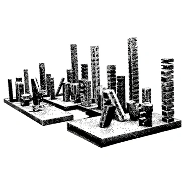 A creative domino setup is arranged on a flat surface. The dominos vary in shapes and sizes, with some standing upright and others leaning against each other at angles. The scene includes intricate patterns formed by the placement of the dominos, creating waves and spirals. Some dominos are stacked in towers, while others are interconnected, suggesting a complex design. The dominos are positioned closely together, indicating that a single push could initiate a cascading effect. The overall composition emphasizes the meticulous arrangement and the anticipation of the impending chain reaction.