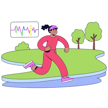 A person jogging in a park with green grass and a few trees in the background. The jogger is wearing a bright red athletic outfit and running shoes. Above the jogger, there is a visible heart rate graphic overlay depicting a pulsing heart rate line in vibrant colors. The jogger's expression shows concentration as they maintain a steady pace along a winding path.