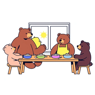 A bear family is gathered around a wooden table for breakfast. The father bear, a large brown bear, sits at the head of the table. The mother bear, slightly smaller, is placing a bowl of porridge in front of each family member. Two small cubs, one with light brown fur and the other with dark brown fur, are eagerly waiting for their bowls. Each bowl is filled with creamy porridge, with a drizzle of honey on top. The table is set with colorful plates and spoons. A bright window behind them shows a sunny morning outside.