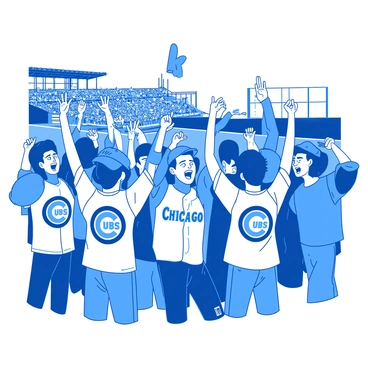 A group of excited Chicago Cubs fans is gathered together in a stadium. Each fan is wearing a unique customized jersey with the Chicago Cubs logo displayed prominently. The fans are standing, with their arms raised high in the air, cheering enthusiastically. Some fans have painted their faces in blue and white, while others are holding baseball caps and foam fingers. In the background, the baseball field is visible, along with a crowd of other fans enjoying the game.