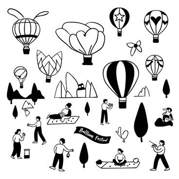 A field filled with various hot air balloons of intricate shapes and designs. Some balloons resemble animals like elephants and butterflies, while others take the form of objects such as stars and flowers. The balloons are inflated, casting large shadows on the ground. A crowd of people is present, some looking up in awe at the spectacle, while others are capturing the moment with cameras. There are picnic blankets laid out, and children are playing nearby. Banners saying "Balloon Festival" are placed throughout the area.