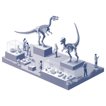 A museum exhibit showcasing several large dinosaur skeletons positioned prominently on pedestals. The skeleton of a Tyrannosaurus rex stands tall, its massive skull facing forward, while a Brachiosaurus skeleton is elegantly arched, with its long neck extended upward. Surrounding the skeletons are various fossilized remains displayed in glass cases, including large dinosaur footprints and smaller fossil specimens. The floor is designed to resemble a rocky terrain, supporting the prehistoric theme of the display. Visitors of various ages can be seen observing the exhibits, some taking photographs while others read informational plaques.