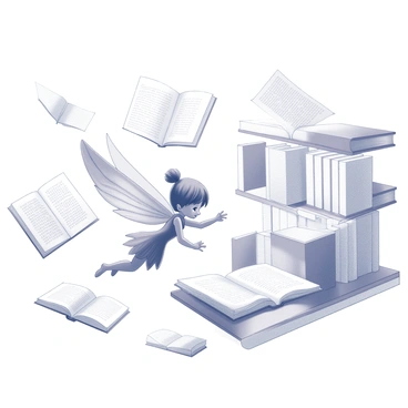 A fairy with quill-shaped wings is in the midst of a magical library. The wings are elegantly shaped like elongated quills with intricate patterns. The fairy is hovering in the air, surrounded by an array of floating books that defy gravity, each one varying in size and shape. The books are open, with pages fluttering as if caught in a gentle breeze. The shelves are filled with more books, partially visible in the background, creating a sense of depth in the scene. The fairy's expression conveys curiosity as she reaches out toward one of the floating books, ready to explore its contents.