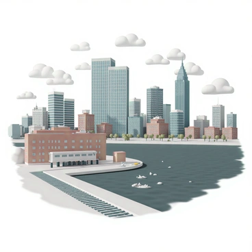 A detailed cityscape featuring a variety of tall buildings, including modern glass skyscrapers and older brick structures. The scene includes several storm drains along the sidewalks, visibly connected to the streets. Water flows from these drains into a river that runs through the city, with dark, murky water indicating pollution. Litter and debris can be seen alongside the riverbank, while clouds gather overhead, hinting at an approaching storm. The overall atmosphere captures the impact of urbanization on the environment.