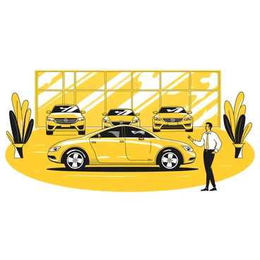 An interior of a car showroom featuring multiple shiny new vehicles, including sleek sedans and modern SUVs, all displayed prominently. The showroom has polished floors that reflect the light, enhancing the vehicles' glossy finishes. In the foreground, a friendly salesperson stands beside one of the cars, smiling and gesturing towards the vehicle. The salesperson is dressed in formal attire, creating a professional appearance. The background includes large windows allowing natural light to flood the space, highlighting the cars.