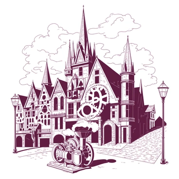 An illustration features a Victorian-style building with intricate architectural details, characterized by tall spires and decorative ironwork. Surrounding the building are numerous large metallic gears of various sizes, some turning slowly, creating a sense of movement in the scene. The sky is filled with wispy clouds, casting shadows over the cobblestone streets below. In the foreground, there is a small brass steam engine emitting gentle puffs of steam, contributing to the steampunk ambiance. A few ornate lampposts line the street, adding to the overall atmosphere.