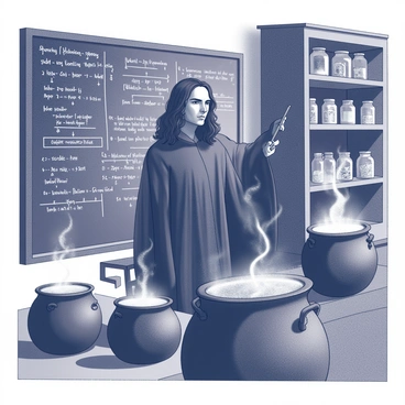 Severus Snape is standing in front of a large blackboard filled with intricate potion formulas and illustrations. He is dressed in his characteristic dark robes, with a serious expression on his face as he observes the classroom. Surrounding him are several bubbling cauldrons, each emitting wisps of steam and occasional sparks. The classroom is filled with shelves lined with glass jars containing various potion ingredients and tools. The overall atmosphere is focused and intense, highlighting the serious nature of potion-making.