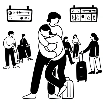 An older sibling and a younger sibling are standing in an airport terminal, surrounded by luggage and travelers. The older sibling is leaning down slightly, wrapping their arms around the younger sibling in a tight hug. The younger sibling's arms are wrapped around the older sibling, and they appear to be holding back tears. A backdrop of departure screens can be seen, displaying flight information, while the scene is filled with other travelers and a few scattered bags. The atmosphere conveys a sense of farewell and affection.