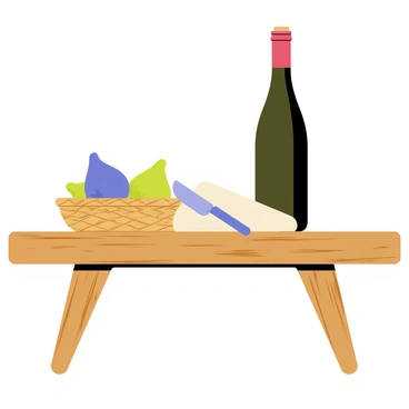 A rustic wooden table with a rough texture and natural grain patterns. On the table, there are several ripe figs arranged in a small woven basket. Next to the basket, there is a round wheel of creamy cheese with a knife resting on it. A dark green bottle of red wine stands prominently, with a cork partially removed. Soft light gently illuminates the scene, highlighting the rich colors of the figs, the creamy white of the cheese, and the deep red of the wine.
