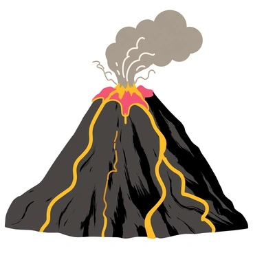 A volcano with a jagged peak is erupting, sending bright orange lava flowing down its rocky sides. The lava creates bright trails against the dark, textured surface of the volcano. Above the volcano, thick gray ash is billowing into the sky, forming a large cloud. In the background, the sky is a mix of dark gray and hints of red, reflecting the eruption's intense heat. The ground around the volcano is scattered with blackened rocks and patches of scorched earth.