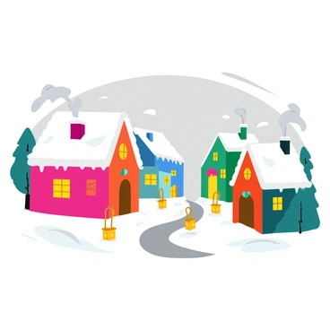 A cozy winter village covered in white, fluffy snow. The rooftops of the quaint houses are blanketed in thick layers of snow, and icicles hang from the eaves. Twinkling lights in various colors adorn the windows and doorframes, casting a warm glow against the chilly backdrop. Smoke gently rises from the chimneys of the houses, indicating warm fires inside. In the foreground, a pathway lined with glowing lanterns leads through the village, creating a welcoming atmosphere. Snowflakes gently fall from a grey sky, adding to the peaceful scene.