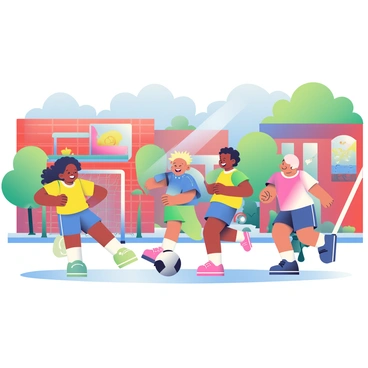 A group of five children, two girls and three boys, are playing a lively game of street football in an urban neighborhood. The children are of diverse ethnicities, with one girl having curly black hair, and the other girl has straight brown hair tied in a ponytail. One boy has short, spiky blonde hair, while another has longer dark hair, and the third boy is bald. They are wearing colorful t-shirts and shorts, with some of them sporting bright sneakers.

In the background, there are red brick buildings with colorful murals on the walls and a few parked bicycles. The street is lined with green trees, and a blue sky with fluffy white clouds can be seen above. A makeshift goal made from two backpacks is set up at one end of the street. The children are laughing and running energetically, with one boy kicking the football towards the goal while the others chase after it, showing excitement and teamwork.