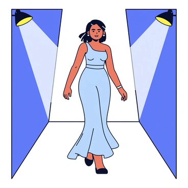 A fashion model wearing a sleek, elegant gown is walking down a runway. The gown has a long train and a shimmering fabric that catches the light. The model has styled hair that flows gracefully behind her. Spotlights are positioned on either side of the runway, illuminating her with bright beams of light that follow her movements as she strides confidently. The runway itself is a polished surface, reflecting the lights and the model's outfit.