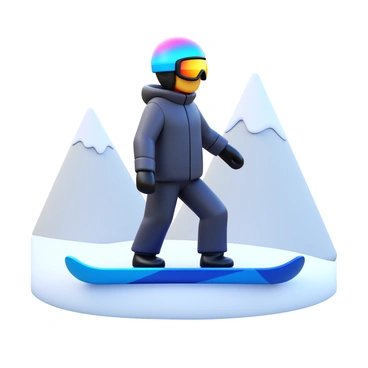 A side profile of a snowboarder wearing a colorful helmet and goggles. The snowboarder is dressed in a full snowboarding outfit, including a thick jacket and waterproof pants. The snowboard has a vibrant design and is positioned in a ready stance on the snow. Snow-covered mountains are visible in the background, highlighting the outdoor winter environment. The snowboarder's posture conveys excitement and determination.