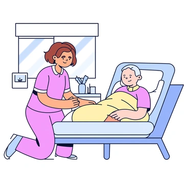 A compassionate nurse with short brown hair and a gentle smile is kneeling beside a cancer patient. The nurse is wearing scrubs that are a soft pastel color. The patient, with a pale complexion and short hair, is sitting up in a hospital bed, wrapped in a cozy blanket. The room is softly illuminated with natural light coming through a window, and there are medical equipment and a small flower vase on a nearby table. The nurse is holding the patient's hand, offering comfort and support.