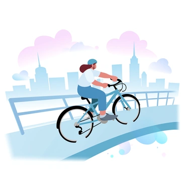 A rider on a hybrid bike is crossing a large bridge. The rider is wearing a sporty helmet and fitted cycling clothes. The bridge has a modern design with sturdy railings and a smooth surface. In the distance, the city skyline is visible, showcasing tall buildings with varying architectural styles. The sky above is adorned with gradient pastel colors, transitioning from soft pink to light blue, creating a serene backdrop for the scene. The bridge's perspective adds depth to the image, emphasizing the vastness of the city beyond.