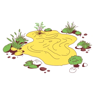 A yellow Zen garden features carefully raked sand patterns creating smooth waves and concentric circles. Scattered throughout the garden are a variety of rocks, some large and rough-edged, while others are small and rounded, adding texture to the scene. Various green plants, including small shrubs and delicate moss patches, are arranged strategically among the rocks, contributing to the tranquility of the space. 