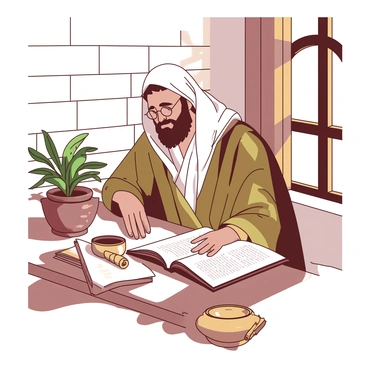 A scholar with a long, flowing robe is seated in a quiet corner of Bethlehem, engrossed in reading ancient scriptures. The scholar has a beard and is wearing round spectacles, holding a scroll open on a wooden table. Sunlight filters through a nearby window, casting gentle shadows on the stone walls. Surrounding the scholar, there are a few stacked scrolls and a small clay oil lamp providing a warm glow. A potted plant with green leaves sits on the table, adding a touch of nature to the scene.