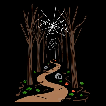 A winding path leads through a dense forest of tall, dark trees in Mirkwood. The trees have thick trunks and twisted branches, creating a shadowy atmosphere. Spider webs are stretched between the branches, glistening with dew under the faint light filtering through the leaves. The ground is covered with fallen leaves and twigs, adding texture to the path. In the background, hints of eerie shapes can be seen lurking among the trees, enhancing the mysterious nature of the woods.