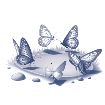 A group of butterflies of various species gathering around a small puddle on the ground. The butterflies exhibit different wing shapes and patterns, with some having spots and others displaying swirls. The puddle is surrounded by small stones and patches of grass. The light reflects off the surface of the puddle, creating subtle highlights. The scene captures the butterflies in various poses, some with wings open, while others are perched with wings closed.