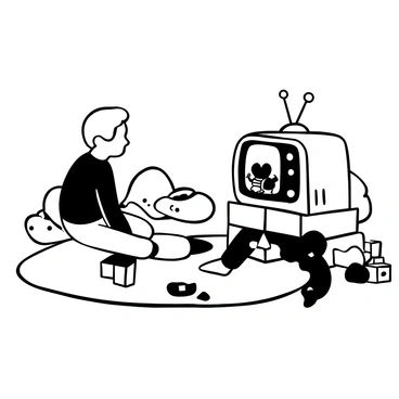 A child sitting cross-legged on a carpet, focused intently on a vintage television set. The TV displays a black-and-white cartoon with whimsical characters in motion. The child is surrounded by scattered toys and colorful building blocks. A soft blanket is draped over their legs, adding to the cozy atmosphere of the scene. The room has a warm, inviting feel, with a few scattered cushions in the background.