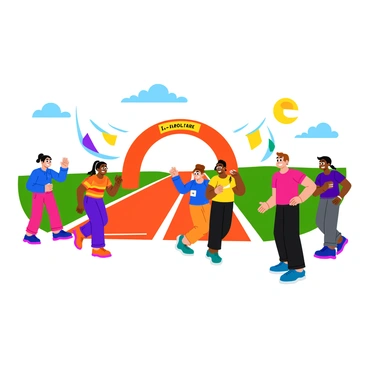A diverse group of runners stands at the starting line, eagerly awaiting the signal to begin the relay race. Each runner has a different skin tone, showcasing a range of diversity. They wear vibrant athletic outfits in various colors, with some featuring stripes and logos. The starting line is marked by bright white chalk, and a large inflatable arch looms in the background, adorned with colorful banners. The runners are positioned in a semi-circle, with smiles on their faces, showcasing their excitement and anticipation. The sun shines brightly, casting distinct shadows on the ground, adding to the energetic atmosphere.