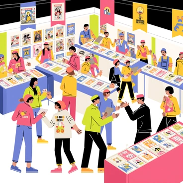 A lively comic convention scene filled with enthusiastic fans wearing colorful costumes, showcasing a variety of characters. Various booths are set up, each decorated with eye-catching signs displaying merchandise such as comic books, action figures, and artwork. Several artists are present at tables, engaged in signing comics for fans, surrounded by original sketches and prints. Banners hang from the ceiling, featuring iconic comic characters, creating a vibrant atmosphere. Groups of fans can be seen chatting excitedly, and some are posing for photos in their elaborate outfits.