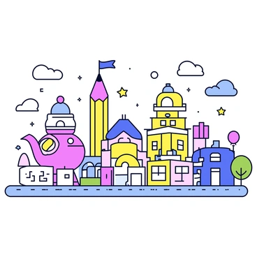 A cityscape featuring a variety of unique buildings with playful designs. The buildings have unconventional shapes, such as a tall tower resembling a pencil and a rounded structure shaped like a teapot. The skyline is filled with doodles of clouds, stars, and trees. Each building is adorned with fun patterns and vibrant colors. There are small decorative elements, such as flags and balloons, adding to the whimsical atmosphere.