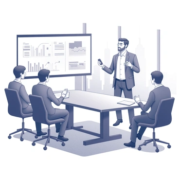 An entrepreneur standing confidently at a sleek conference table in a modern boardroom. The individual is actively gesturing with one hand while holding a presentation remote in the other, projecting enthusiasm. Behind the entrepreneur, a large screen displays graphs and data points related to their ideas. Several investors, seated around the table, are attentively listening and taking notes. The boardroom has floor-to-ceiling windows that showcase a city skyline in the background, emphasizing a professional and dynamic atmosphere.